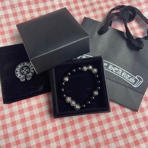 Chrome Hearts Sterling Silver Obsidian Beaded Bracelet